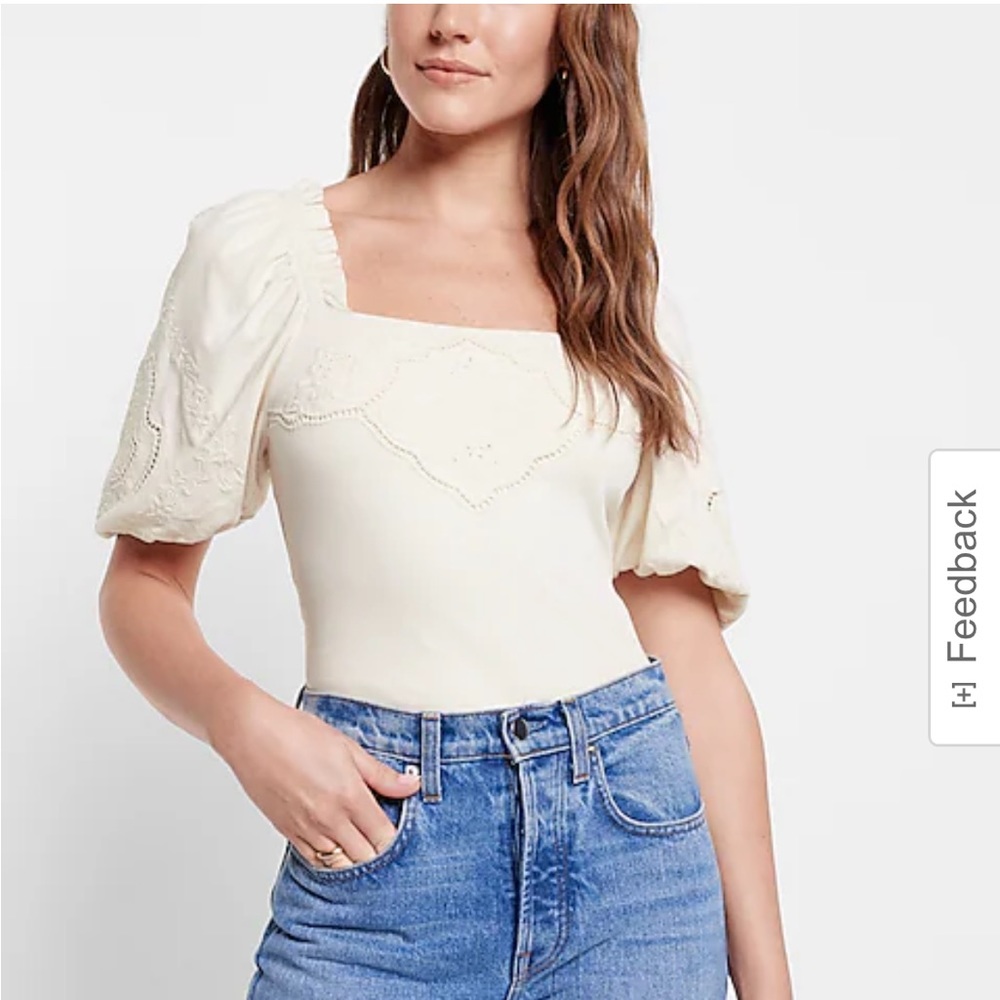 Express Embroidered Square Neck Puff Sleeve Top